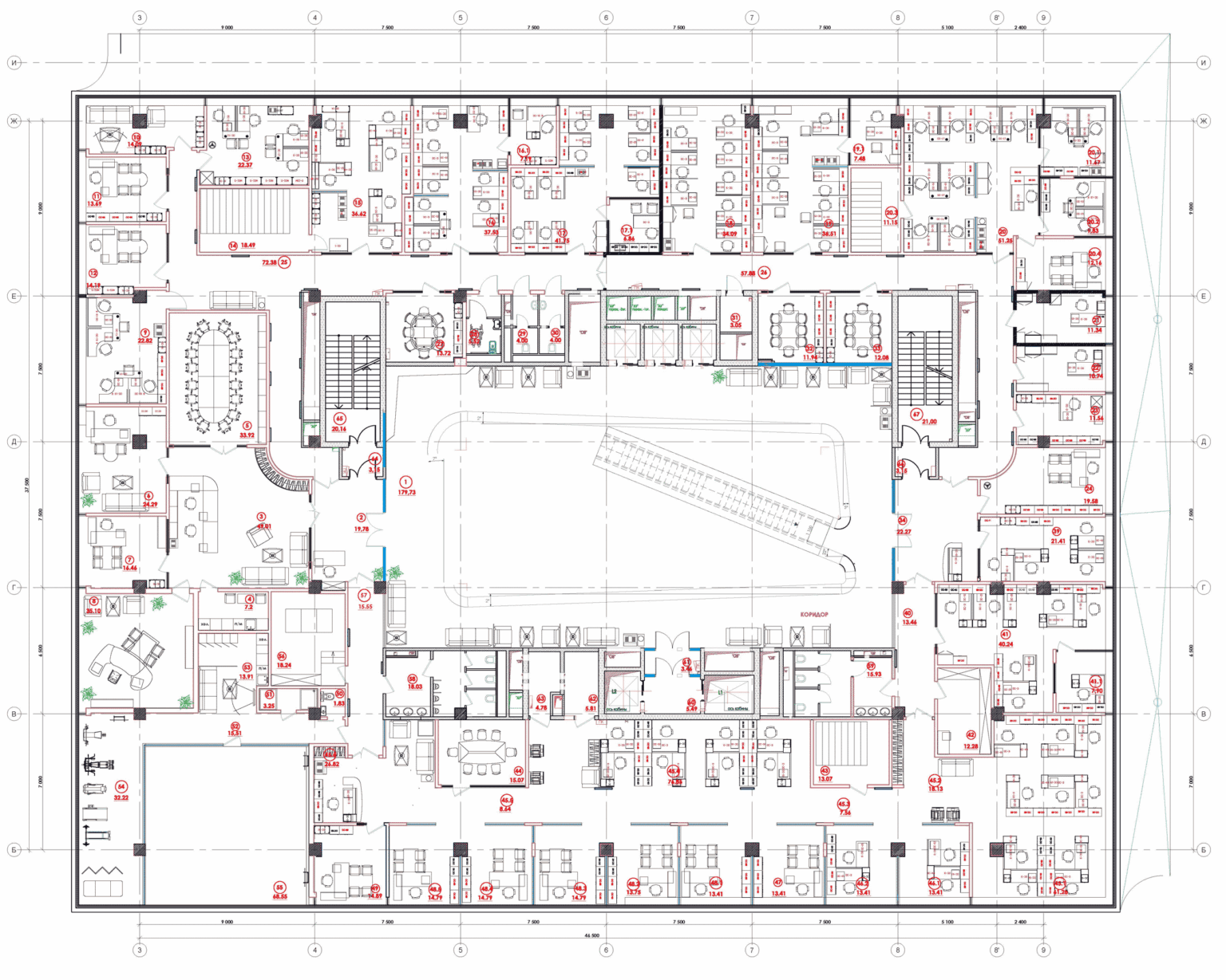 planirovochnoe reshenie ofisa 2 DEROOMS Москва Авторский проект офиса в Dominion Tower — 1589 м2 - дизайн для бизнеса будущего
