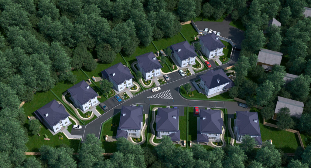 Генплан коттеджного поселка, визуализация с высоты птичьего полота. "Филатовские резиденции"