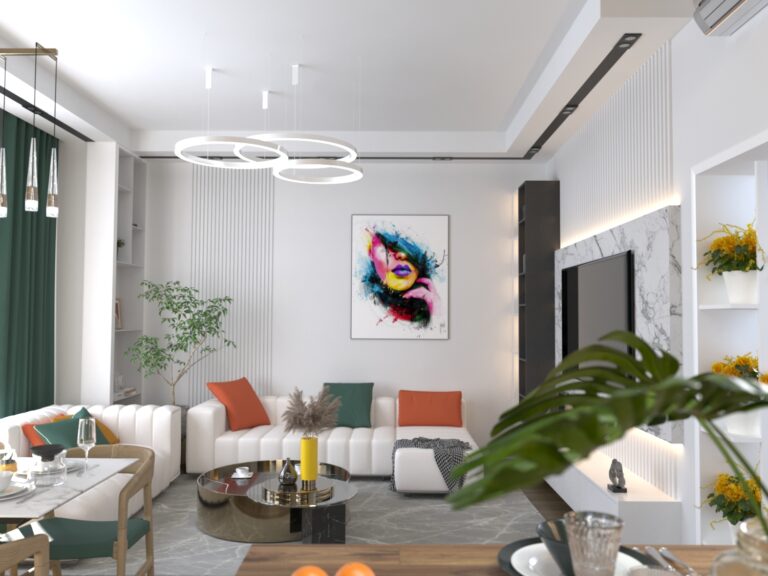 modern minimalistichnaya gostinaya s kontrastnymi akcentami i zhivymi rasteniyami DEROOMS Москва Авторский дизайн интерьеров премиум класса | Филатовские резиденции