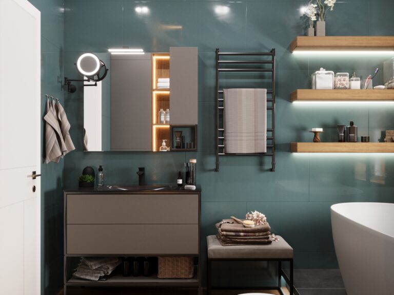 sanuzel s zelenoy plitkoy na stene loft DEROOMS Москва Авторский дизайн интерьеров премиум класса | Филатовские резиденции