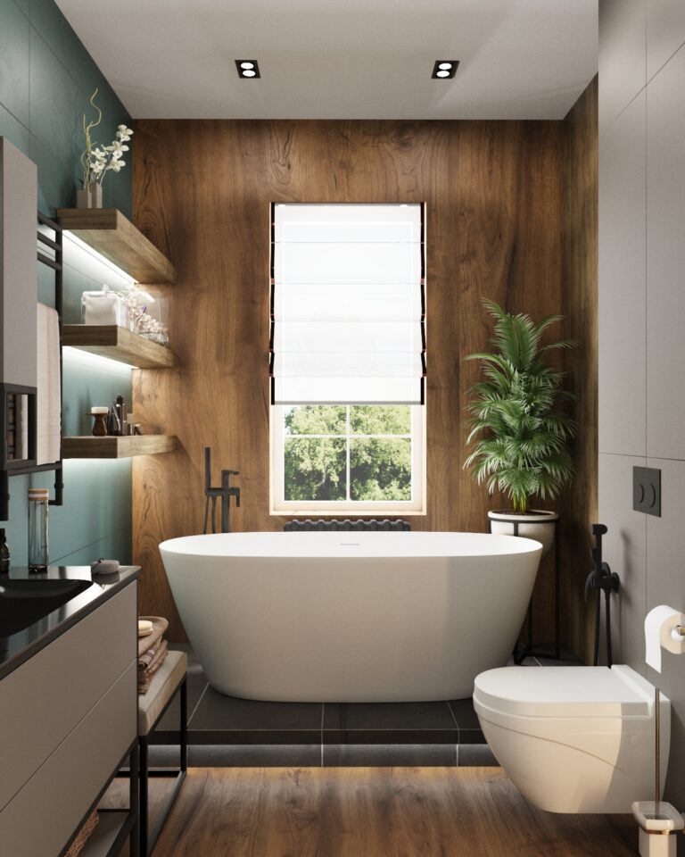 sanuzel vannaya na podiume plitka pod derevo DEROOMS Москва Авторский дизайн интерьеров премиум класса | Филатовские резиденции